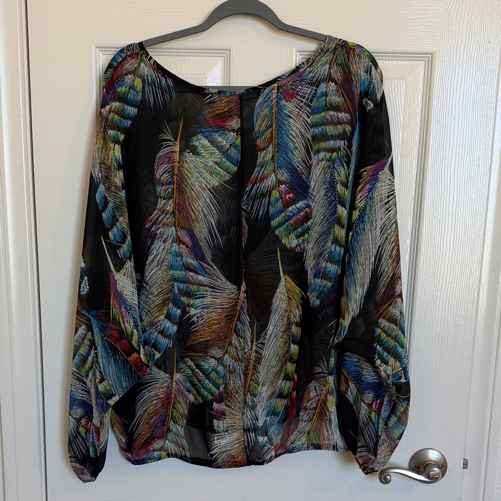 Coco Bianco Black Sheer Multicolor Feather Print Blouse/Top  Size L-XL - Picture 2 of 8